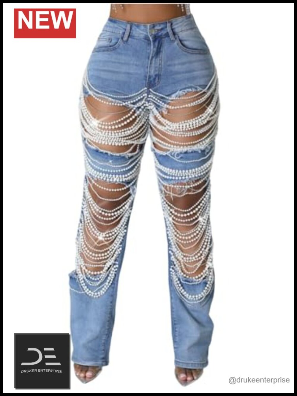 Baggy Distressed Denim Jeans Pearl Rhinestone High Waist Straight Leg Y2K